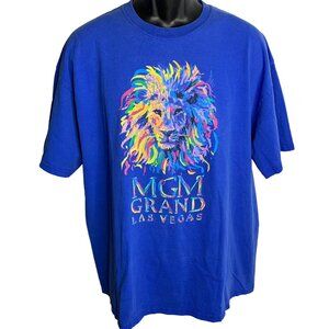 Vintage 90s MGM Grand Crewneck T Shirt XL Blue Lion Rainbow Glitter Las Vegas